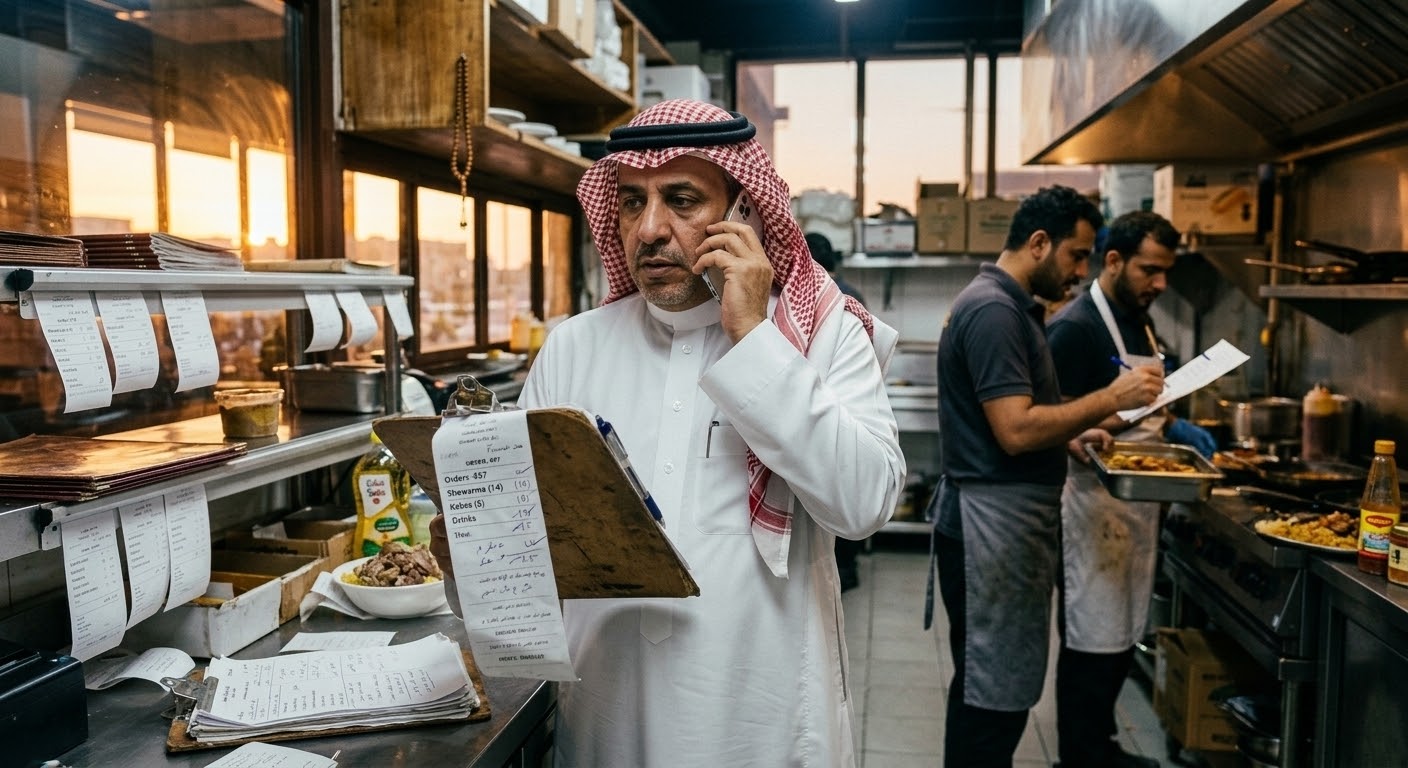 مشهد تجريدي لمشرفين يتنقلون بين فروع ومواقع متعددة لإتمام فحوصات يدوية متكررة