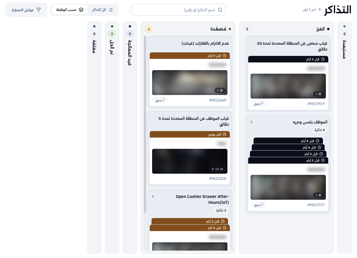 لوحة التذاكر في منصة رايم: عدم الالتزام بالقفازات، والغياب عن منطقة محددة، وفتح درج النقد بعد ساعات العمل، مع تمويه لقطات الكاميرا